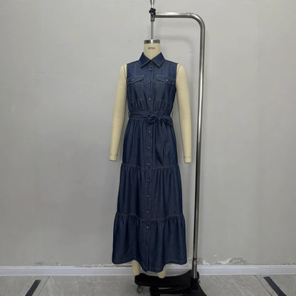 European And American Blue Sleeveless With Waist Lace-up Design Imitation Denim Material
