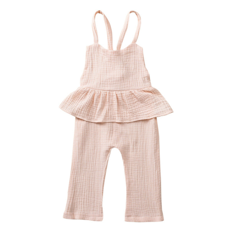Girls Fashion Solid Color Cotton Lace-up Jumpsuit
