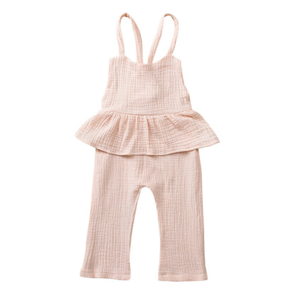Girls Fashion Solid Color Cotton Lace-up Jumpsuit
