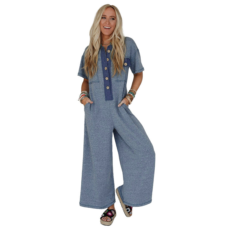 Summer New Color Matching Casual Loose High Waist Wide Leg Jumpsuit