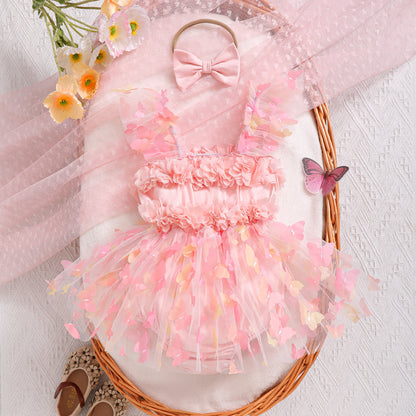 Girls' Party Dress-up Sling Butterfly Petal Mesh Dress