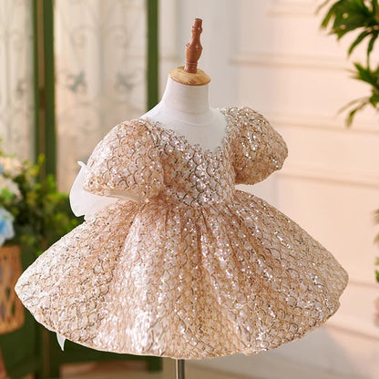 Golden Sequined Puff Sleeve Birthday Party Princess Dress