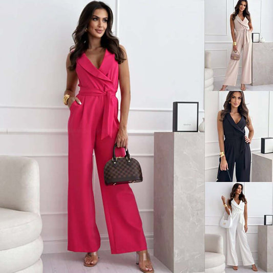 Comfort And Casual Solid Color And V-neck Sleeveless Jumpsuit