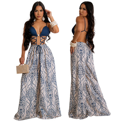 European And American Sexy Strap Lace-up Loose Jumpsuit