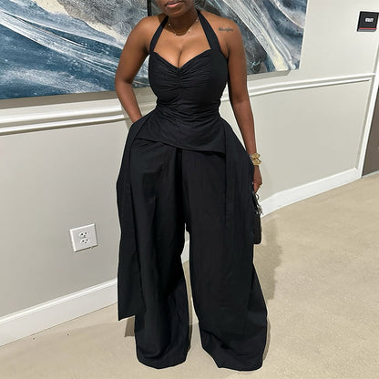 Sexy Halter V-neck Irregular Sleeveless High Waist Ribbon Jumpsuit Trousers