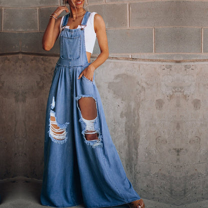 Women's Solid Color Casual Loose Hole Denim Suspender Pants