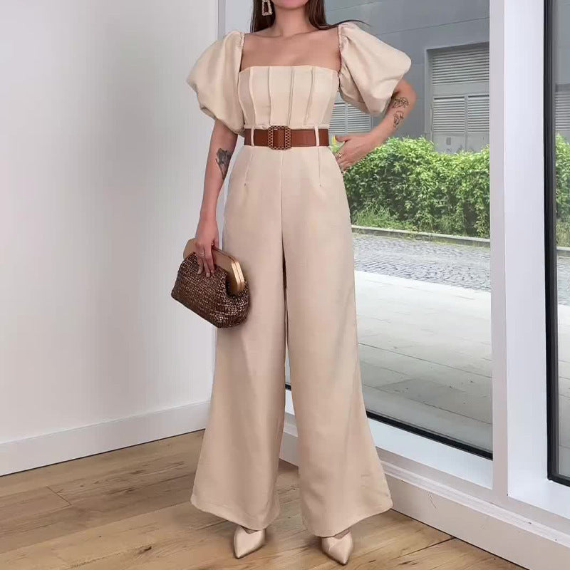 Square Collar Solid Color Sleeve Fitted Waist Backless Temperament Straight Jumpsuit