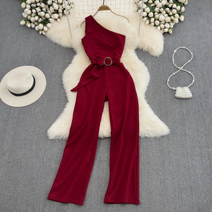 High Waist Slimming OL Temperament Straight Wide Leg Jumpsuit Summer
