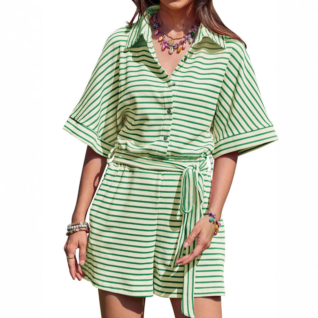 Casual Striped Jumpsuit Short Sleeve Buckle Shorts Romper
