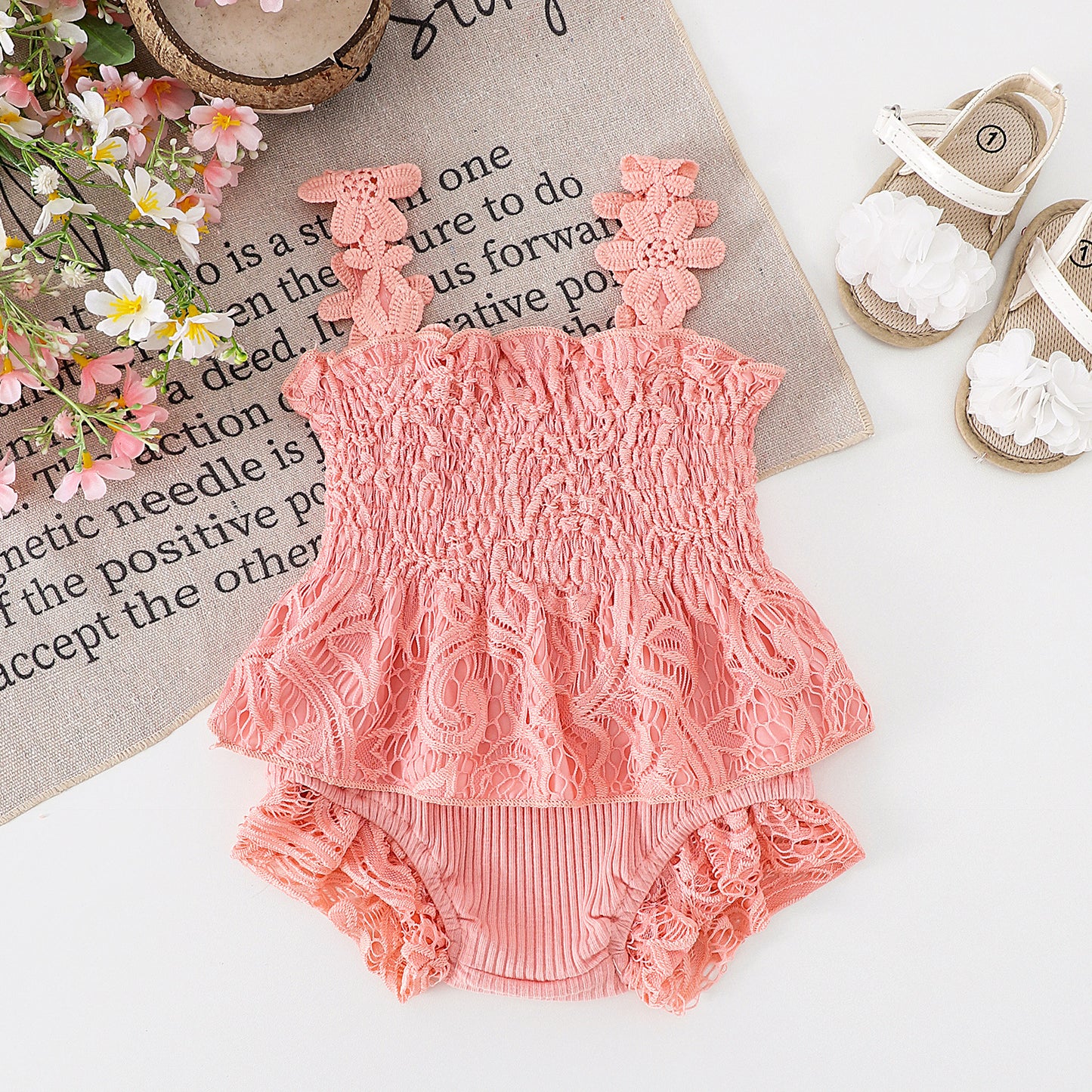 Mesh Smocking Sling Top Harem Pants Lace Two-piece Set
