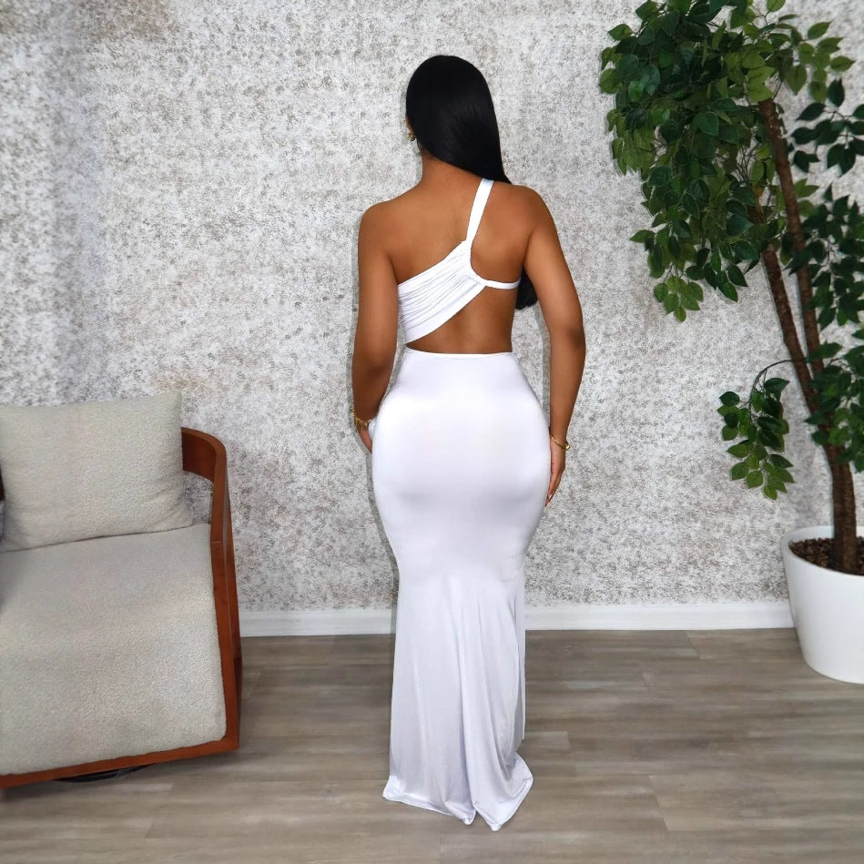 Women's Fashion Solid Color Long One Shoulder Pleated Dress