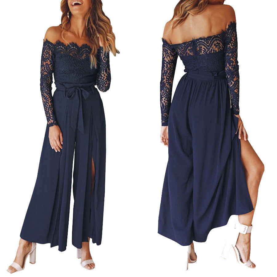 Women's Solid Color Lace High Waist Strap Loose Jumpsuit