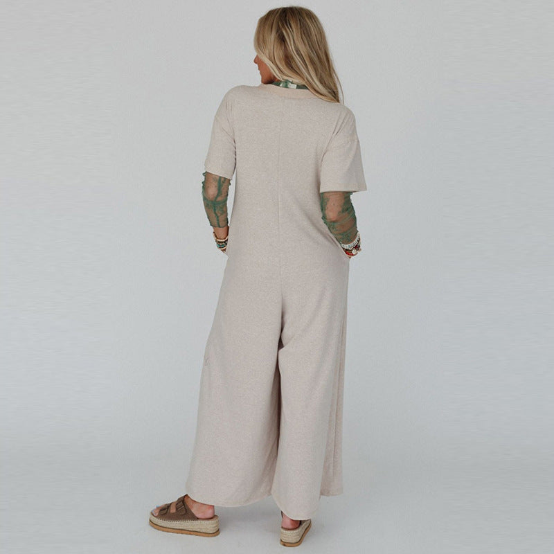 Summer New Color Matching Casual Loose High Waist Wide Leg Jumpsuit