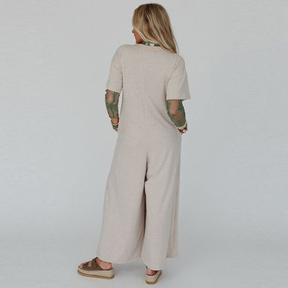 Summer New Color Matching Casual Loose High Waist Wide Leg Jumpsuit