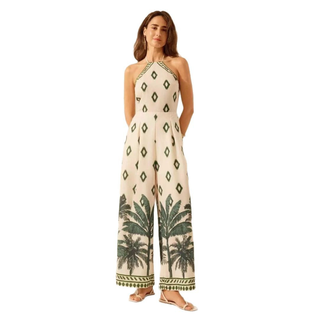 Women's Fashion Printed Sleeveless Halter Wide Leg Jumpsuit