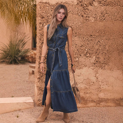 European And American Blue Sleeveless With Waist Lace-up Design Imitation Denim Material