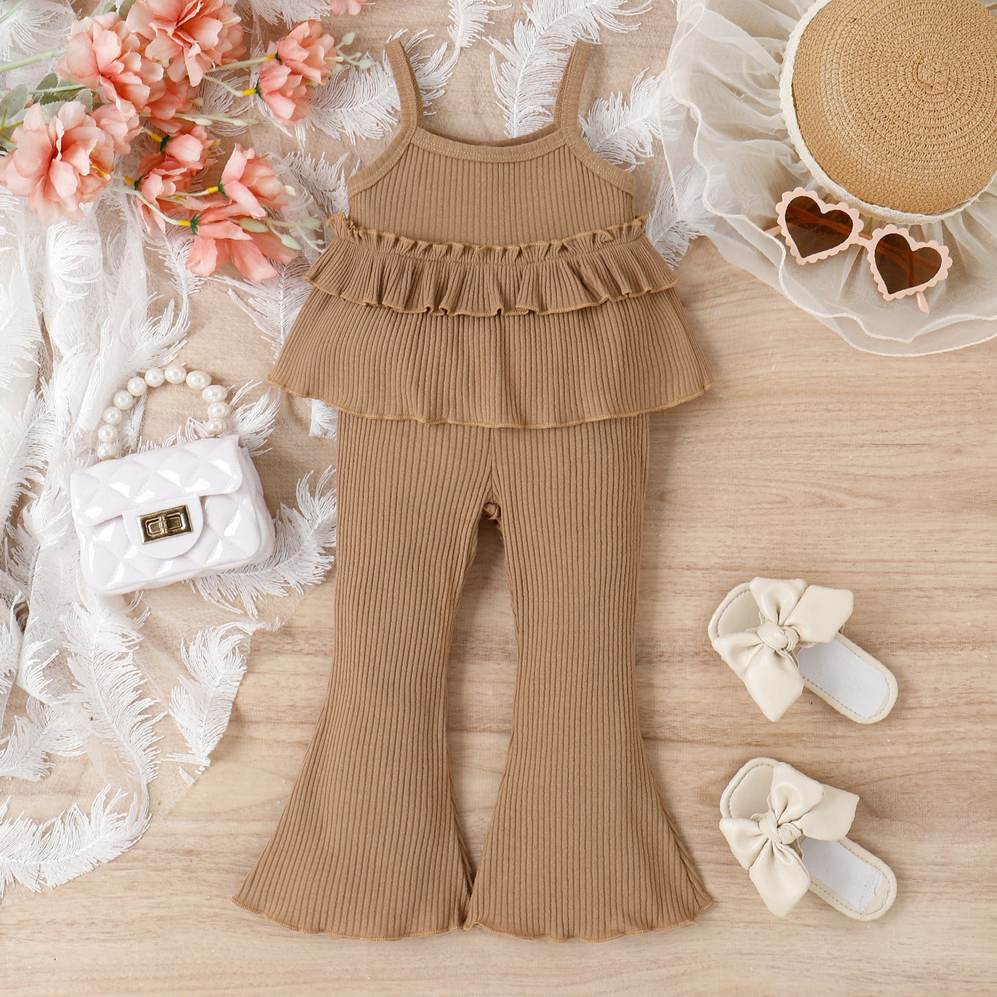 Children's Clothing Springsummer Young And Little Girls Sling Lace-collared Blouse Horn Sunken Stripe Trousers Two-piece Suit