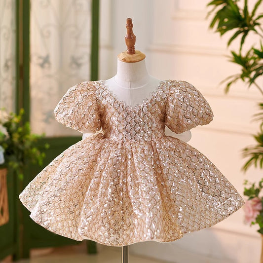 Golden Sequined Puff Sleeve Birthday Party Princess Dress