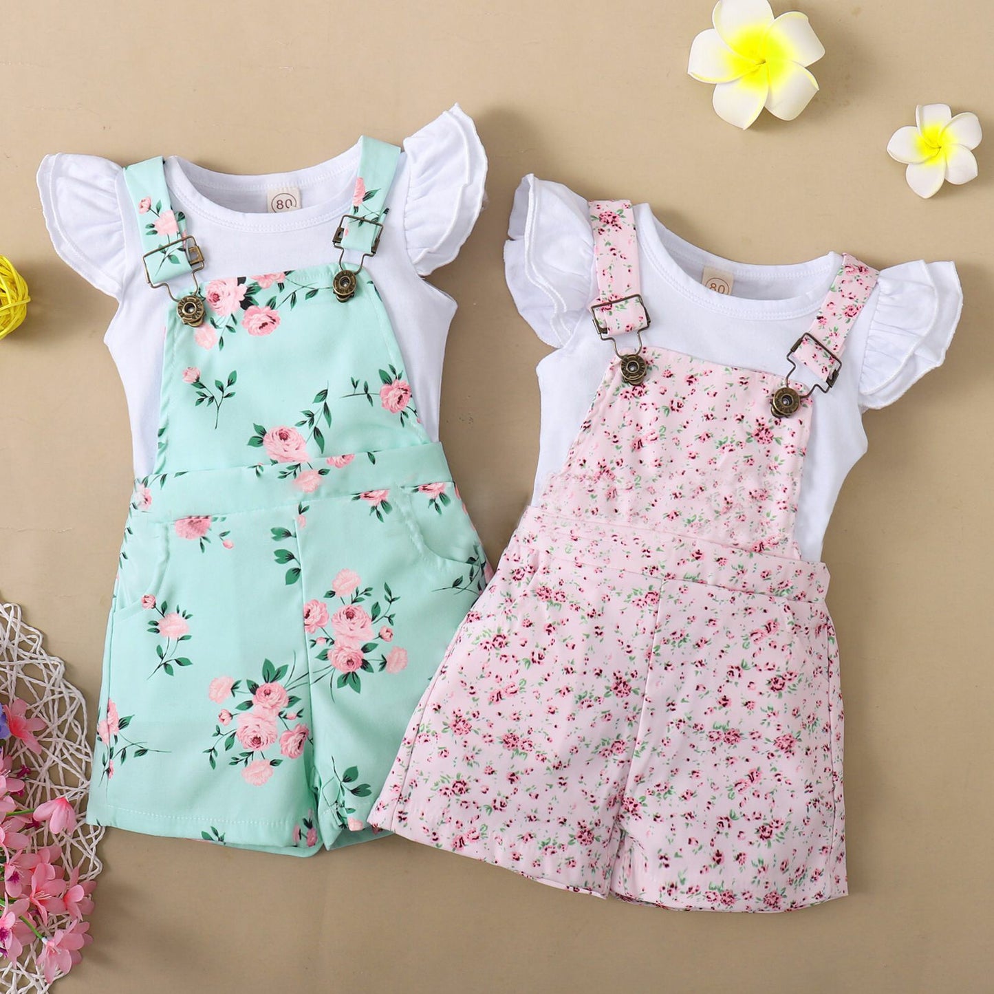 Short Sleeve Flounced Sleeve T-shirt Floral Suspender Pants Suit
