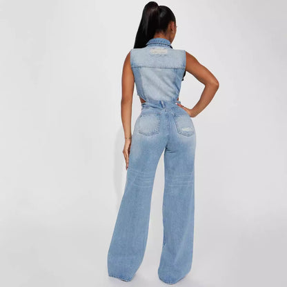 Slim Elastic Wash Denim Jumpsuit Straight Loose Jumpsuit