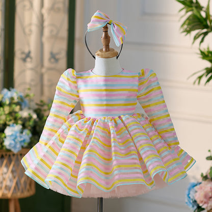 Cute Stripes Long Sleeve Umbrella Princess Dress