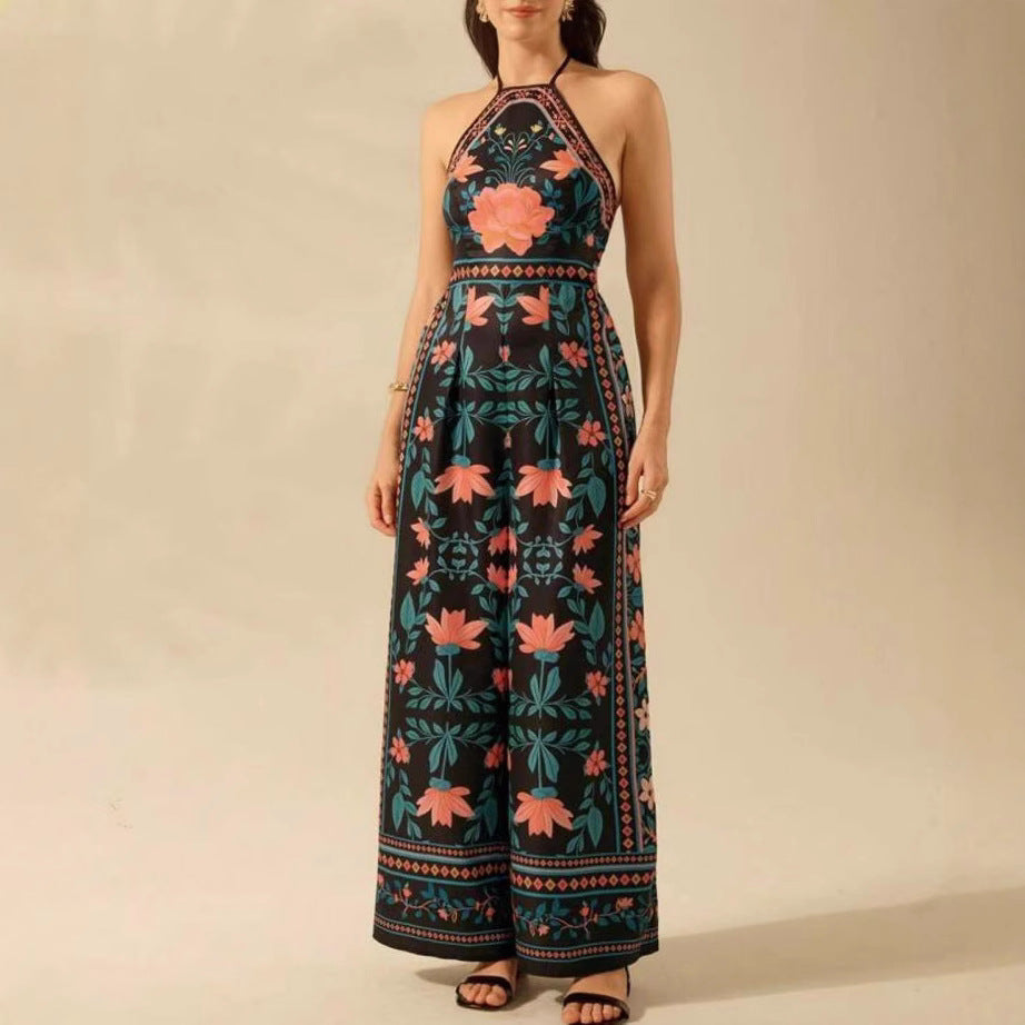 Women's Fashion Printed Sleeveless Halter Wide Leg Jumpsuit
