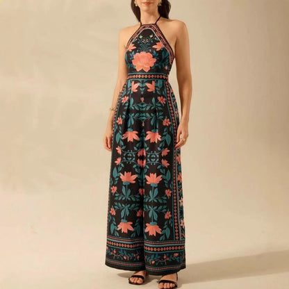 Women's Fashion Printed Sleeveless Halter Wide Leg Jumpsuit