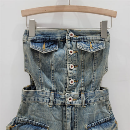 Hot Girl Breasted Hollow-out Midriff Tube Top Cowboy Siamese Shorts For Women