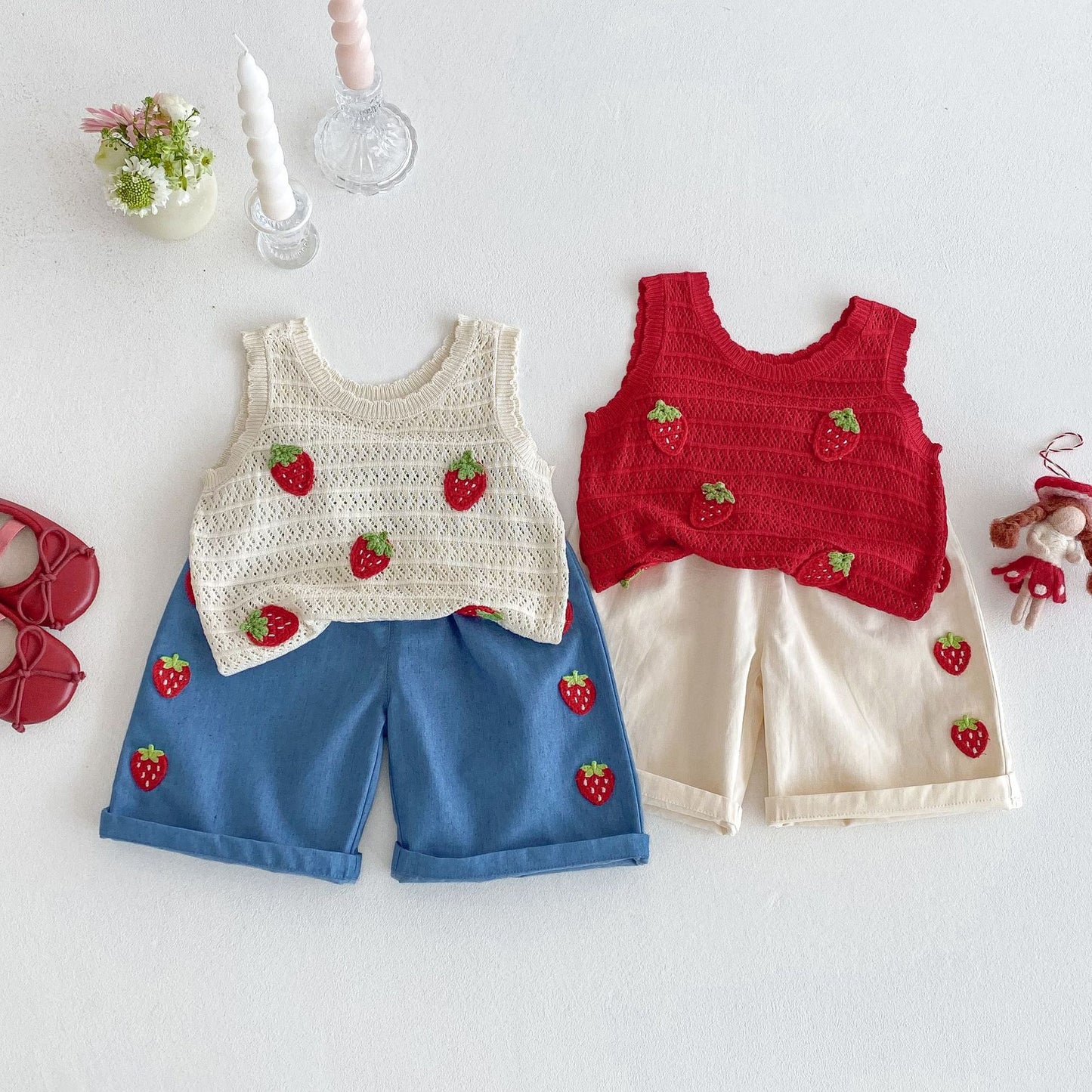 Baby Cute Patch Strawberry Vest Children Korean Casual Pants