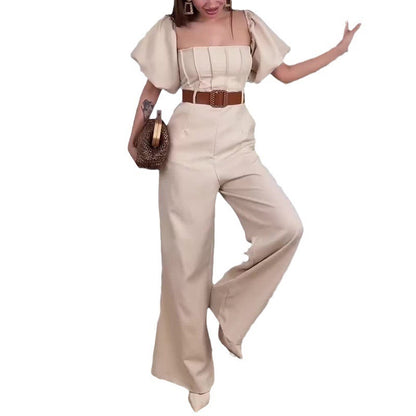Square Collar Solid Color Sleeve Fitted Waist Backless Temperament Straight Jumpsuit