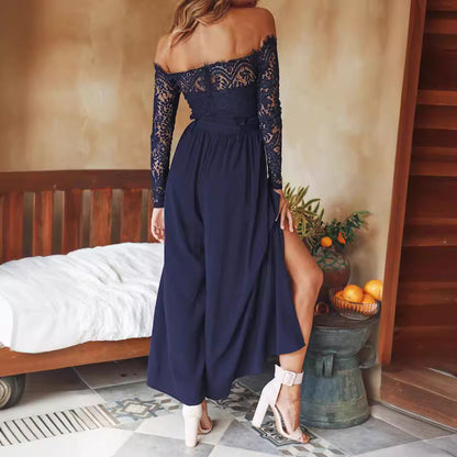 Women's Solid Color Lace High Waist Strap Loose Jumpsuit