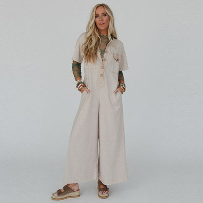 Summer New Color Matching Casual Loose High Waist Wide Leg Jumpsuit