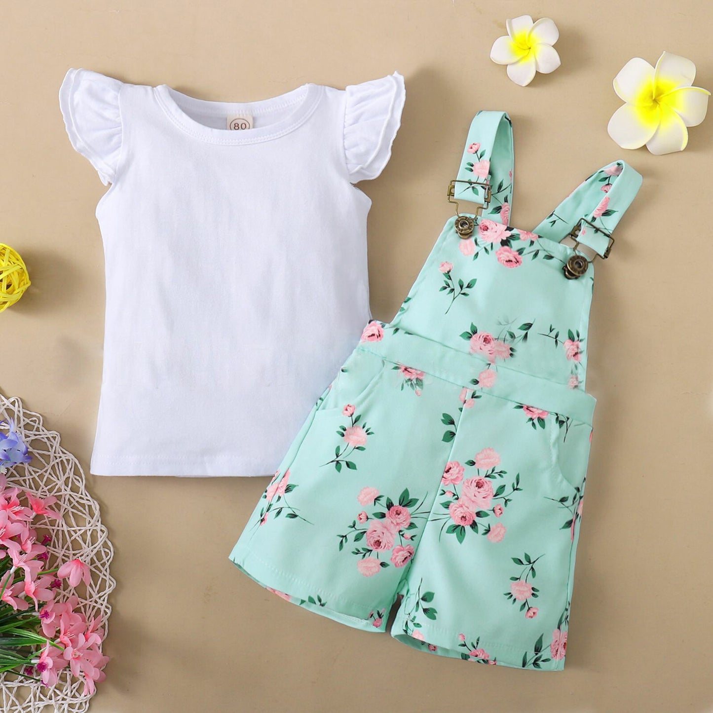 Short Sleeve Flounced Sleeve T-shirt Floral Suspender Pants Suit
