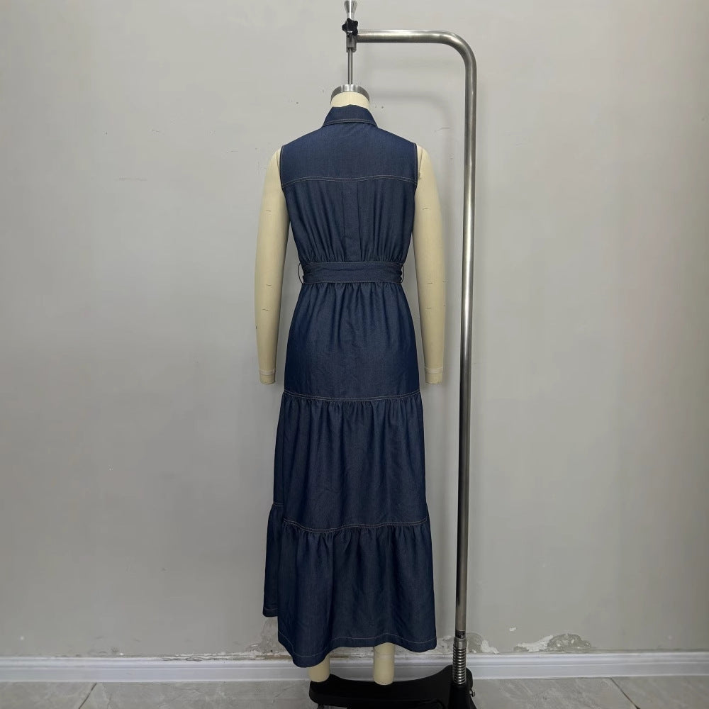 European And American Blue Sleeveless With Waist Lace-up Design Imitation Denim Material