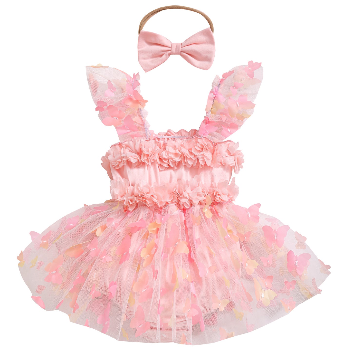 Girls' Party Dress-up Sling Butterfly Petal Mesh Dress