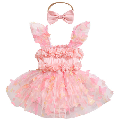 Girls' Party Dress-up Sling Butterfly Petal Mesh Dress