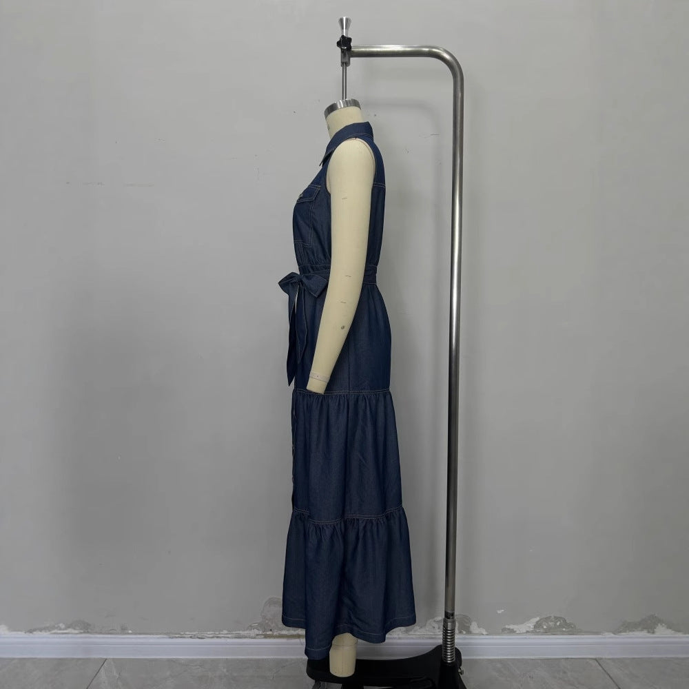 European And American Blue Sleeveless With Waist Lace-up Design Imitation Denim Material