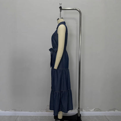European And American Blue Sleeveless With Waist Lace-up Design Imitation Denim Material