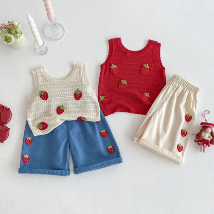 Baby Cute Patch Strawberry Vest Children Korean Casual Pants