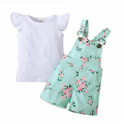 Short Sleeve Flounced Sleeve T-shirt Floral Suspender Pants Suit