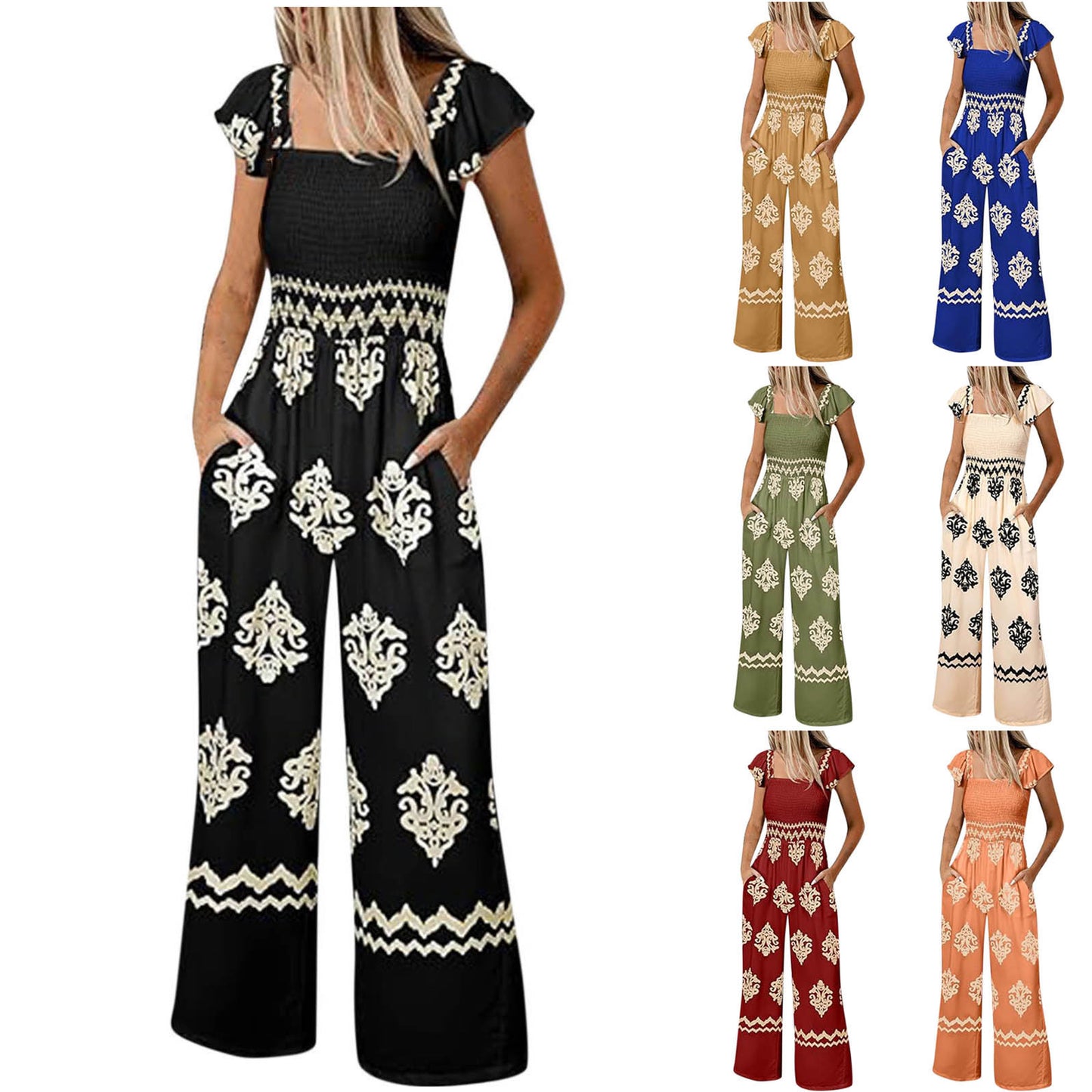 Bohemian Jumpsuit Suspender Pants Vintage Print