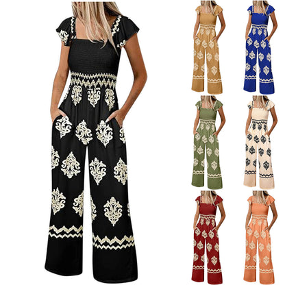 Bohemian Jumpsuit Suspender Pants Vintage Print