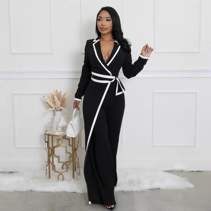 Fashion Belt Design Dual-color Patchwork Long Sleeve Jumpsuit