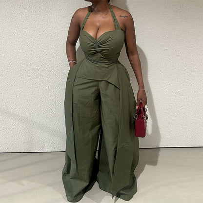 Sexy Halter V-neck Irregular Sleeveless High Waist Ribbon Jumpsuit Trousers