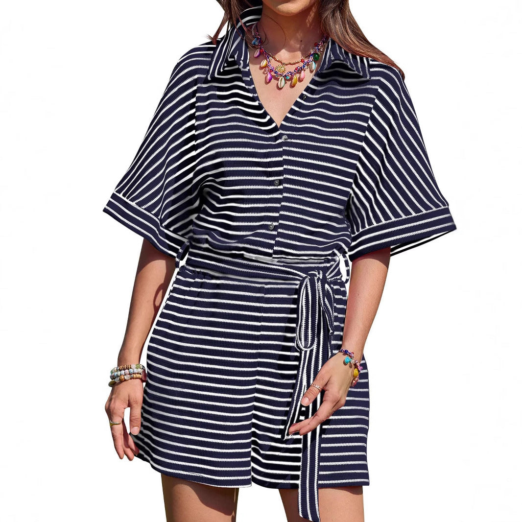 Casual Striped Jumpsuit Short Sleeve Buckle Shorts Romper