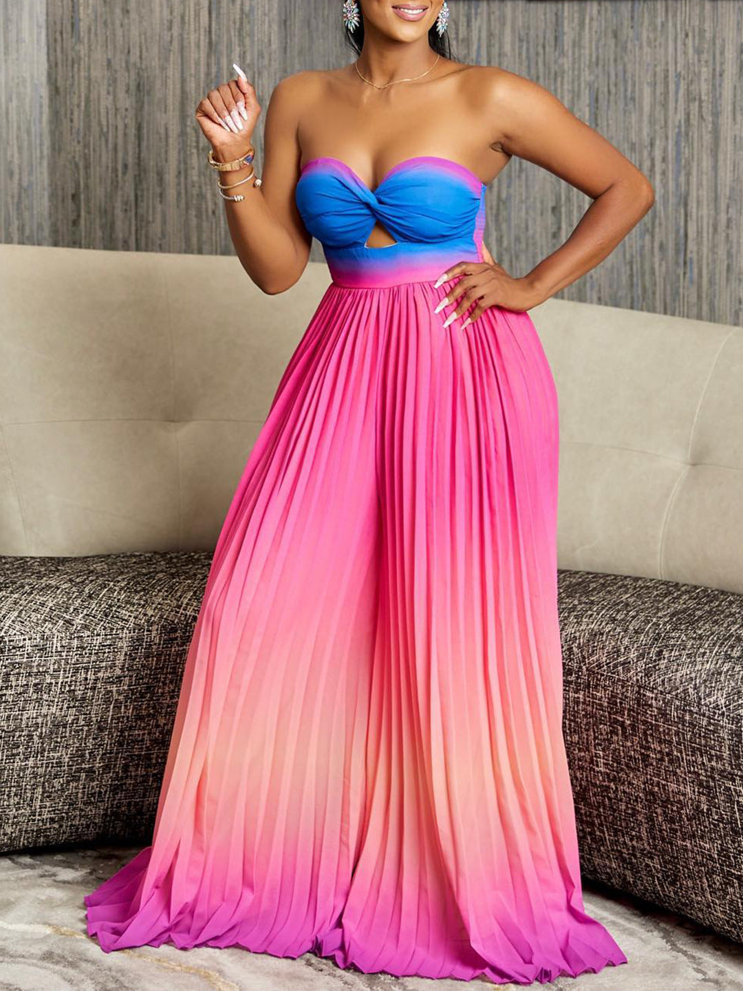 Summer Sexy Tube Top Backless Fashion Gradient Color Wide Leg Jumpsuit