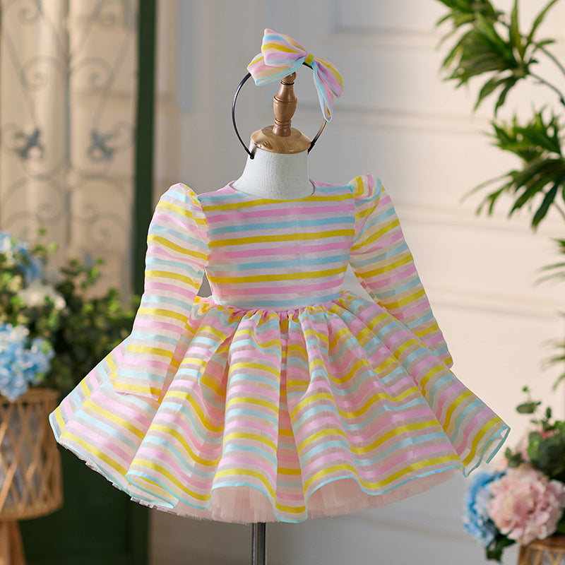 Cute Stripes Long Sleeve Umbrella Princess Dress