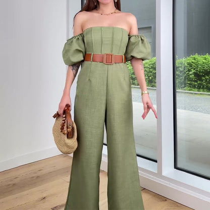 Square Collar Solid Color Sleeve Fitted Waist Backless Temperament Straight Jumpsuit