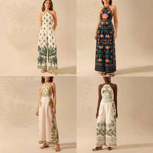 Women's Fashion Printed Sleeveless Halter Wide Leg Jumpsuit