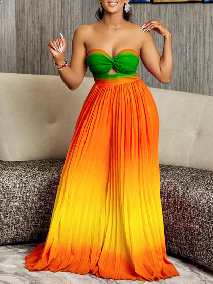 Summer Sexy Tube Top Backless Fashion Gradient Color Wide Leg Jumpsuit